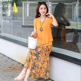 Boho Floral Chiffon Skirts 2 Piece Sets Women Oversized 5xl Suits Short Sleeve Blouse Printted Mid Skirt Beach