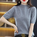 Fongt And Summer Loose And Versatile Wool Knit Short Sleeve Women Plus-Size Round-Neck Solid Color Bottom Knit T-Shirt Thin-Outfit
