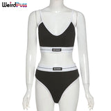 Puss Ribbed Letter Print Cotton 2 Piece Set Beach Style Bra Padded Top+Thong Matching High Quality Casual Vacation