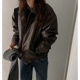 Vintage Pu Leather Oversized Zip Up Jacket-Outfit