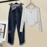 Women Two Pieces Sets Streetwear Harajuku Long Sleeve Square Collar Top And Hollow Out Vintage Denim Pants