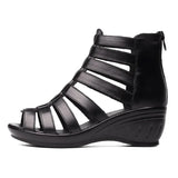 2021 Summer Genuine Leather Gladiator Sandals Women 5.5cm High Heels Classic Black Peep Toe Hollow Ladies Sandals