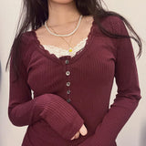 Lace Trim Rib Long Sleeve Slim Tee-Outfit