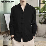 Men Casual Shirt Solid Retro Button Stand Collar Tops Cotton Linen Long Sleeve Chinese Traditional Shirts Men