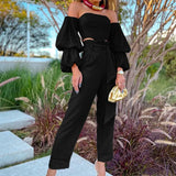 Backless Flare Sleeve Tops Slim Long Pants Suit 2pc Set Off Shoulder Tops Pocket Trousers Outfits Chic High Waist Set