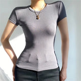 Summer New Women's Elastic Thread Solid Color T-Shirt Basic Short-Sleeved Large Round Neck Long Blouse-Outfit