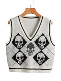 Gothic Knit Sweater Vest Skull Argyle Print Pattern Knitwear V-neck Pullover Fashion Jumper Top Women Halloween