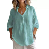 Fongt New Solid Color Leisure Loose Size V Collar Long Sleeve Top Shirt Woman