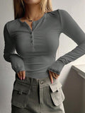 Solid Color Breasted V Neck Slim Long Sleeve Knit-Outfit