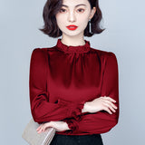 Fongt Spring 2023 New Pressure Pleated Wood Ear Shirt Female Satin Foreign Style Small Shirt Gentle Wind Bubble Sleeve Jacket-Outfit