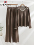 Knitted Sets Tracksuit Women V-Neck Long Sleeve Pullover High Waist Wide Leg Pants Casual 2 Piece Sets Womens Outfits-Outfit