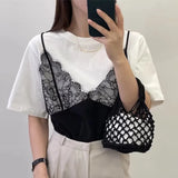 Two Piece Ropa Mujer Contrast Lace Patchwork Tops Loose T Shirt Short Sleeve Camisetas Summer Round Neck Clothes Women-Outfit