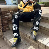 Year's Popular Black Printed Jeans Y2K Fashion Loose Fit Wide Leg Offset Casual Pants-Outfit