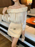 Fongt Xixi 2025 Autumn White Standard French Temperament Cloud Out-Shoulder Design Chiffon Long Sleeve Top 89488