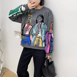 Fongt And Autumn New Women's Clothing Plus Velvet Without Hat Round Collar Loose Print Sweatshirt Shirt