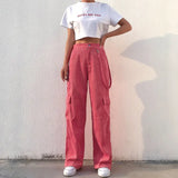 Women Casual Pockets Patchwork Cargo Pants 2021 High Waist Straight Trousers Women