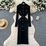 Fongt Small Fragrant Style High-Level Sense V-Neck Metal Buckle Waist Knitted Dress Women Autumn Body Fork Long Dress