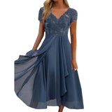 Fongt Station Dress Female Chiffon Stitching V-Neck Lace Dress Bridesmaid Evening Dress