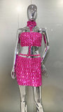 High Quality Fashion Hanging Neck Sexy Casual Diamond Embossed Top + Elegant Full Diamond-Mounted Half-Dress