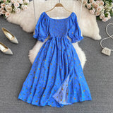 Summer New French Soft Style Sweet American Collar Bubble Short Sleeves Waist Show Thin Forked A-Shaped Dress-Outfit