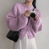Round Neck Lantern Sleeve Knitted Cardigan-Outfit