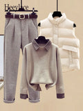 Winter Warm Matching Suits For Womens Knitted Sweater+parkas Vest+tweed Pants Sets Office Ladies Elegant Three Pieces