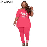 Size Casual Sport 2 Piece Set XL-4XL 5XL PINK Letter Print Women's Set Summer Loose Top+Lounge Pants Suit Tracksuit