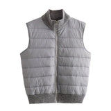 Fongt New Women's Versatile Striped Standing Collar Zipper Sleeveless Padded Jacket Patchwork Knit Vest-Outfit
