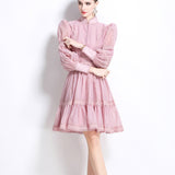 Fongt Elegant Bubble Sleeve Lace Splicing Mesh Dress Women's Court Collar Lantern Sleeve A-Word Skirt