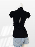 Fongt Temperament Korean Version Slim Slim Black Half High Collar Sleeveless Jacket Female Design Sense Careful Machine Hollow T-Shirt-Outfit