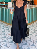 Women Summer Dresses Loose Spaghetti Strap Tiered Midi Dress Wedding Guest Ruffle Cotton Black Casual Beach Sun