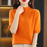 Fongt And Summer Loose And Versatile Wool Knit Short Sleeve Women Plus-Size Round-Neck Solid Color Bottom Knit T-Shirt Thin-Outfit