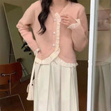 Fongt French Retro V-Neck Gentle Temperament Small Fragrant Wind Jacket Flounce Stitching Chiffon Knit Sweater Woman-Outfit
