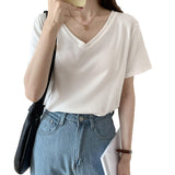 Summer New Threaded Pure Color Short-Sleeved Knitted V-Collar T-Shirt Design Feeling Bottomed