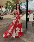 Fongt New Spring-Summer V-Necked Women's Sling Print Fairy Gas Long Temperament Dress