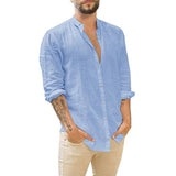 Fongt Men's New Linen Cardigan Pure Color Casual Collar Long-Sleeved