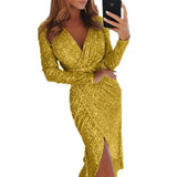 2023 Spring Summer Gold Sliver Green Sequined Party Dress Women Front Split Bodycon Party Vestidos Bling Clubwear