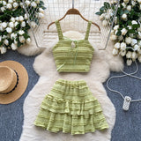 Fongt Dress With Women's Summer Chic Gentle Wind Tie Sling Sling Small Vest + High Waist Folded Lotus Side Half Skirt