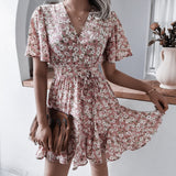 Fongt Leisure Short Sleeve V-Neck Crum Striped Lotus Leaf-Side Dress Women's Clothing