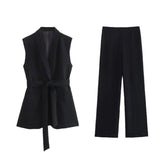 Fongt Women's Explosive Solid Color With Belt Medium Long Vest + Casual Pants Set
