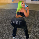 Puss Velvet Summer Women Tracksuit Rhinestone Letter Strapless Top+Straight Pants Stretch Matching Trend 2piece Set