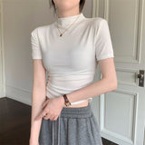 Fongt Collar Short-Sleeved T-Shirt Women's Summer 2024 New Bottom Shirt With Slim Short Student Pleated