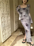 Rose Tie Dyed Slim Fit Strap Dresses+ Y2k E-Girl Long Sleeve Sun Protection Tops Women 2024 Summer Two Piece Sets-Outfit