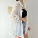 Fongt Temperament Long-Sleeved Sunscreen Shirt Women 2025 Summer New Chiffon Shirt Air-Conditioning Shirt White