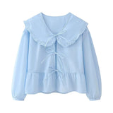 New Spring Doll Tie Casual Loose Solid Color Shirt-Outfit