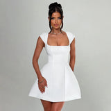 Square Neck Short Sleeve A-Line Solid Mini Dress-Outfit