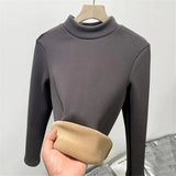 Half Turtleneck Tops Women Winter Plush Velvet Lined Warm T Shirt Long Sleeve Bottom Blusas Korean Slim Fleece