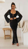 Women's Fall 2023 New Hollow Out Long Sleeve Knit Low-Cut Sexy Backless Dress-Outfit