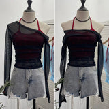 Fake Two Hanging Neck Sling Long-Sleeved T-Shirt Two Sets Of Thin Outer Sunshield Shirt Short Oblique Shoulder Coat