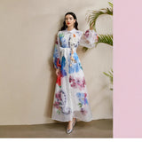 Fongt Court-Print Bubble-Sleeved Dress Women's Autumn Strap-In Belt Design Super Fairy Long Dress Dress